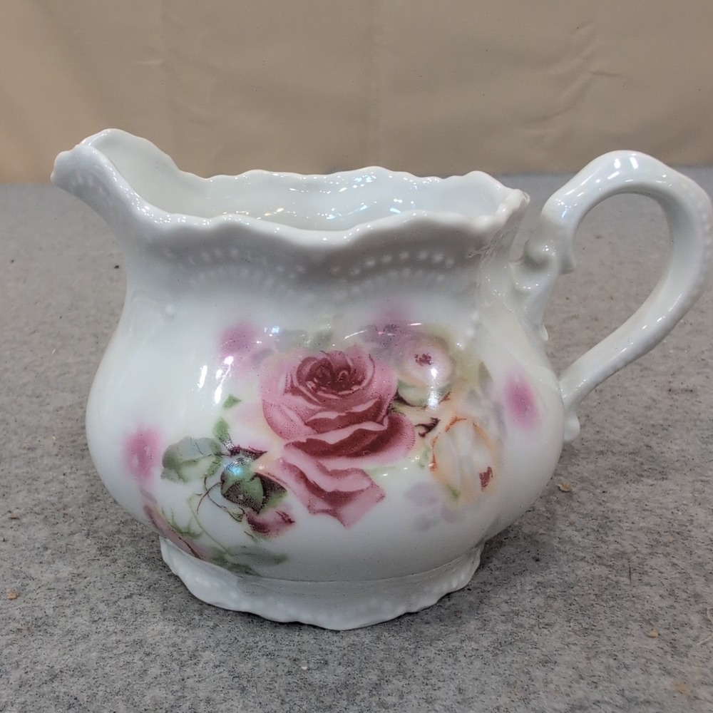 Leuchtenburg Thuringia Germany Porcelain Creamer Pink Rose Floral Scalloped Edge